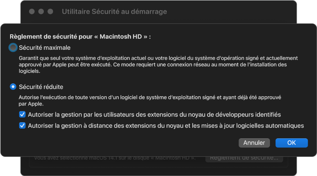 Une sous-fenêtre de sélecteur de politique de sécurité dans l’utilitaire Sécurité au démarrage, avec le règlement Sécurité réduite sélectionné pour le volume « Disque dur Macintosh ».