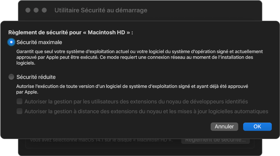 Une sous-fenêtre de sélecteur de politique de sécurité dans l’utilitaire Sécurité au démarrage, avec le règlement Sécurité complète sélectionné pour le volume « Disque dur Macintosh ».