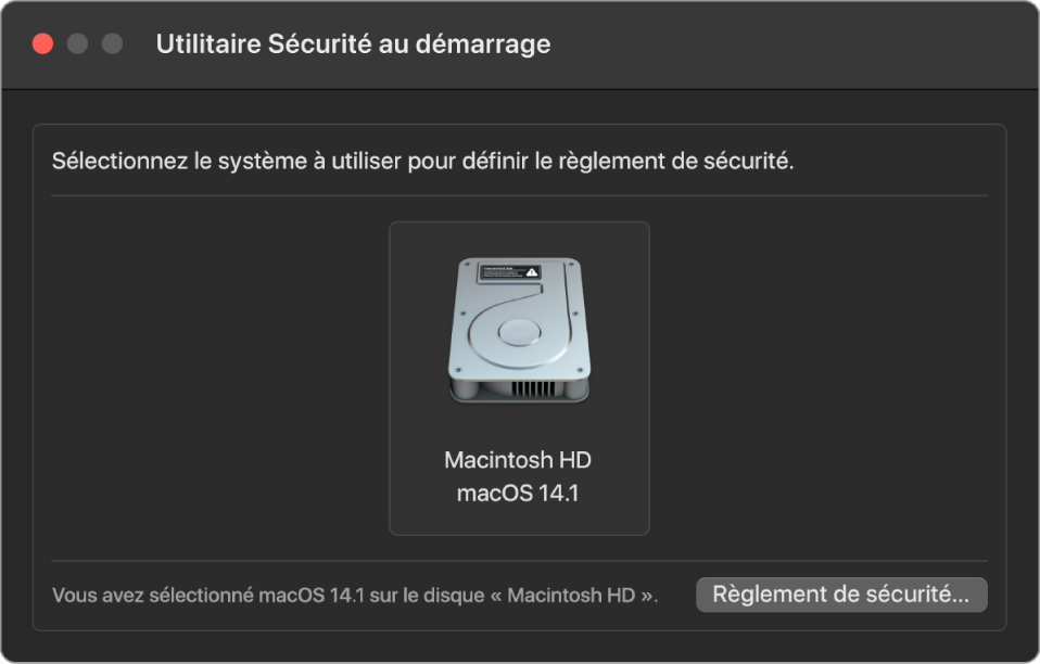 La sous-fenêtre du sélecteur de système d’exploitation dans l’utilitaire Sécurité au démarrage qui affiche le disque dur Macintosh souhaité pour la désignation d’une politique de sécurité. En bas à droite se trouve un bouton permettant de faire apparaître les options de la politique de sécurité pour le volume sélectionné.