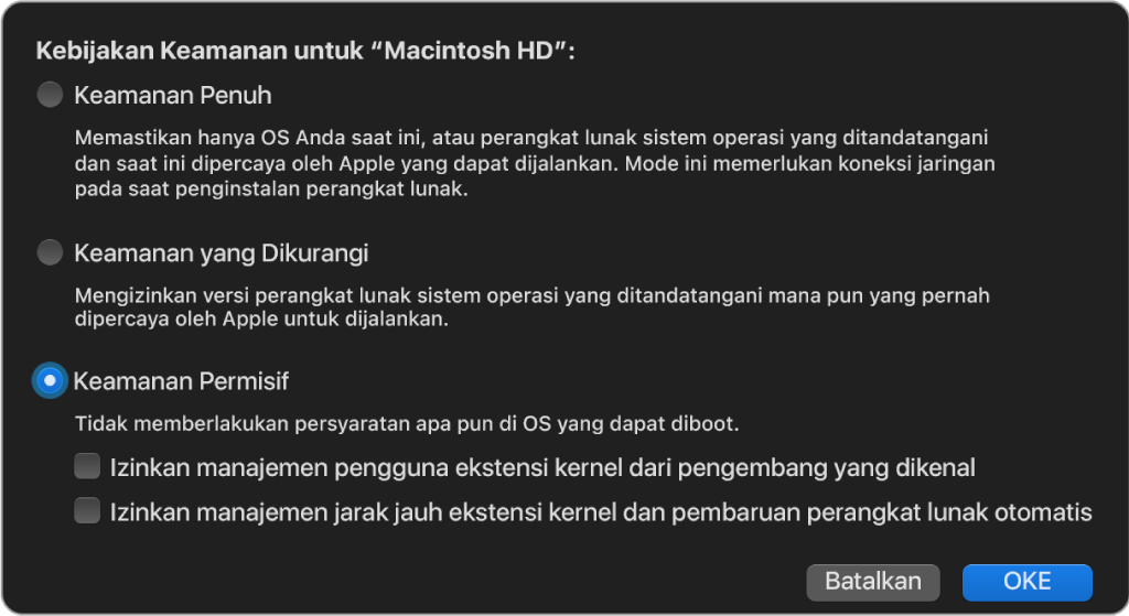 Panel pemilih kebijakan keamanan di Utilitas Keamanan Mulai, dengan kebijakan Keamanan Permisif dipilih untuk volume “Macintosh HD”.