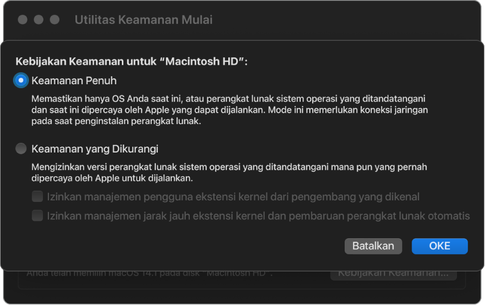 Panel pemilih kebijakan keamanan di Utilitas Keamanan Mulai, dengan Keamanan Penuh dipilih untuk volume “Macintosh HD”.