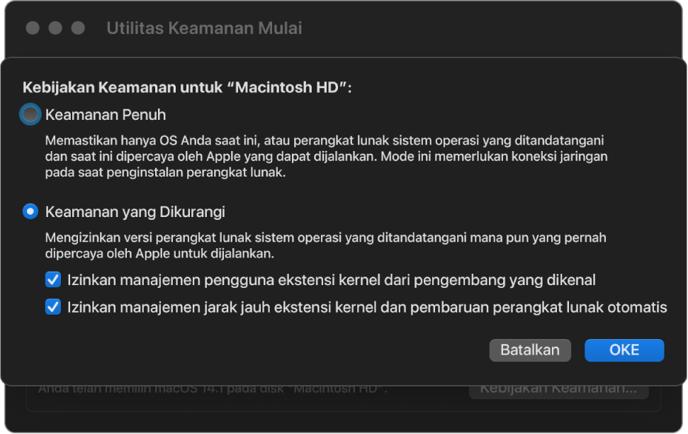 Panel pemilih kebijakan keamanan di Utilitas Keamanan Mulai, dengan kebijakan Keamanan Dikurangi dipilih untuk volume “Macintosh HD”.