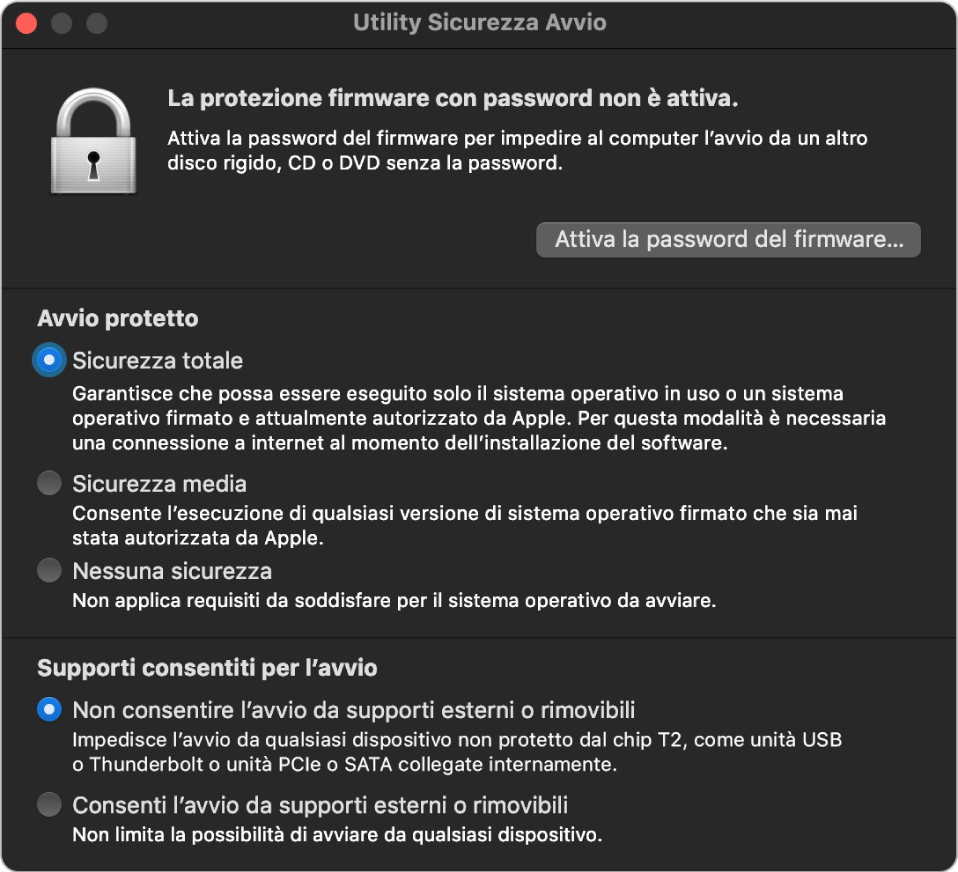 Finestra principale di Utility Sicurezza Avvio, che mostra una nota relativa alla protezione della password del firmware, seguita da tre opzioni di sicurezza nella sezione “Avvio protetto” e due opzioni nella sezione “Supporti consentiti per l’avvio”.