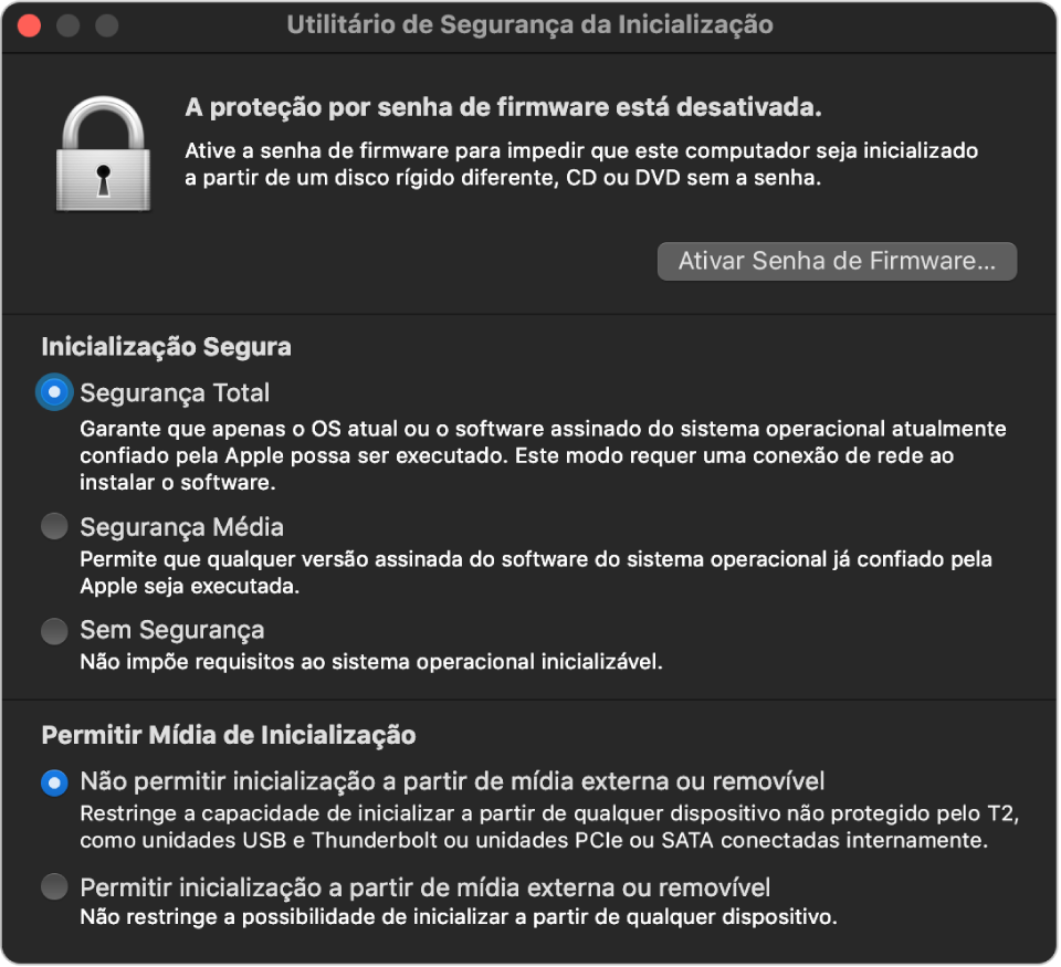 Janela principal do Utilitário de Segurança da Inicialização, mostrando uma nota sobre a proteção da senha de firmware, seguida por três opções de segurança abaixo da seção “Inicialização Segura” e duas opções de segurança abaixo da seção “Permitir Mídia de Inicialização”.