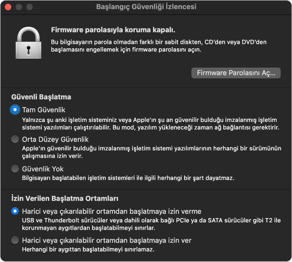 Başlangıç Güvenliği İzlencesi ana penceresi, firmware parola koruması hakkında bir not ve ardından “Güvenli Başlatma” bölümü altında üç güvenlik seçeneğini ve “İzin Verilen Başlatma Ortamı” bölümü altında iki güvenlik seçeneğini gösteriyor.