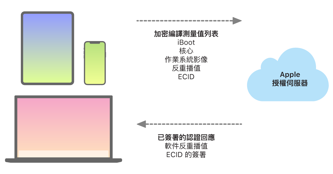 顯示 Apple 裝置如何將資料傳送到 Apple 授權伺服器的圖表，該伺服器會依次傳回回應。