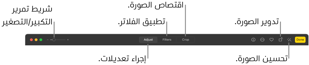 شريط الأدوات تحرير يظهر شريط تمرير وأزرار تكبير/تصغير لإجراء التعديلات وإضافة الفلاتر واقتصاص الصور وتدوير الصور وتحسين الصور.