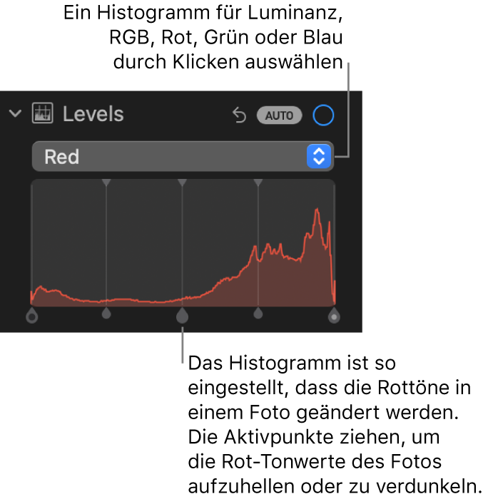 Die Steuerungen „Tonwerte“ im Bereich „Anpassen“ mit dem Histogramm „Rot“ und Aktivpunkten unten, um den Rotwert eines Fotos anzupassen.