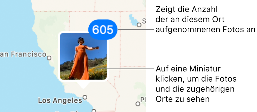 Eine Fotominiatur auf einer Karte mit einer Zahl rechts oben in der Ecke, die anzeigt, wie viele Fotos an diesem Standort aufgenommen wurden.
