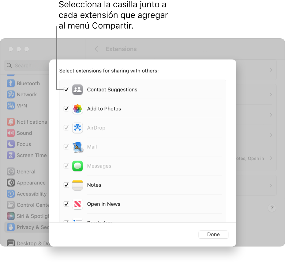 Una lista de extensiones en la configuración de Extensiones, con una casilla de junto a cada extensión para agregarla al menú Compartir.
