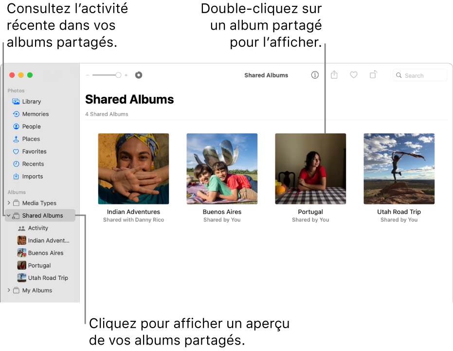 La fenêtre Photos affichant Albums partagés sélectionné dans la barre latérale et les albums partagés apparaissant sur la droite.
