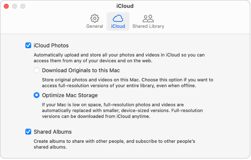 La sous-fenêtre iCloud des réglages Photos.