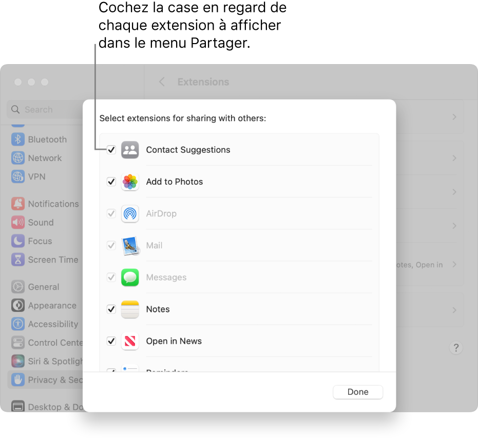 Liste d’extensions dans les réglages Extensions, avec une case à cocher en regard de chaque extension permettant de l’ajouter au menu Partager.