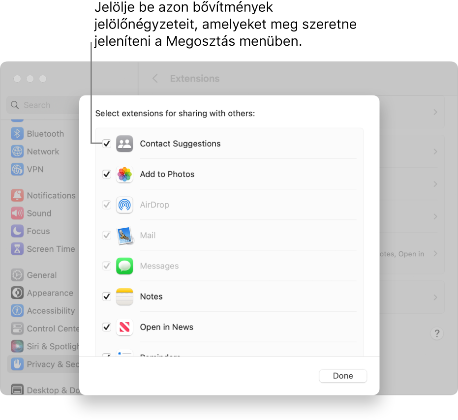 A bővítmények listája a Bővítmények beállításaiban, az egyes bővítmények mellett található jelölőnégyzetekkel, amelyek a Megosztás menühöz történő hozzáadáshoz szolgálnak.