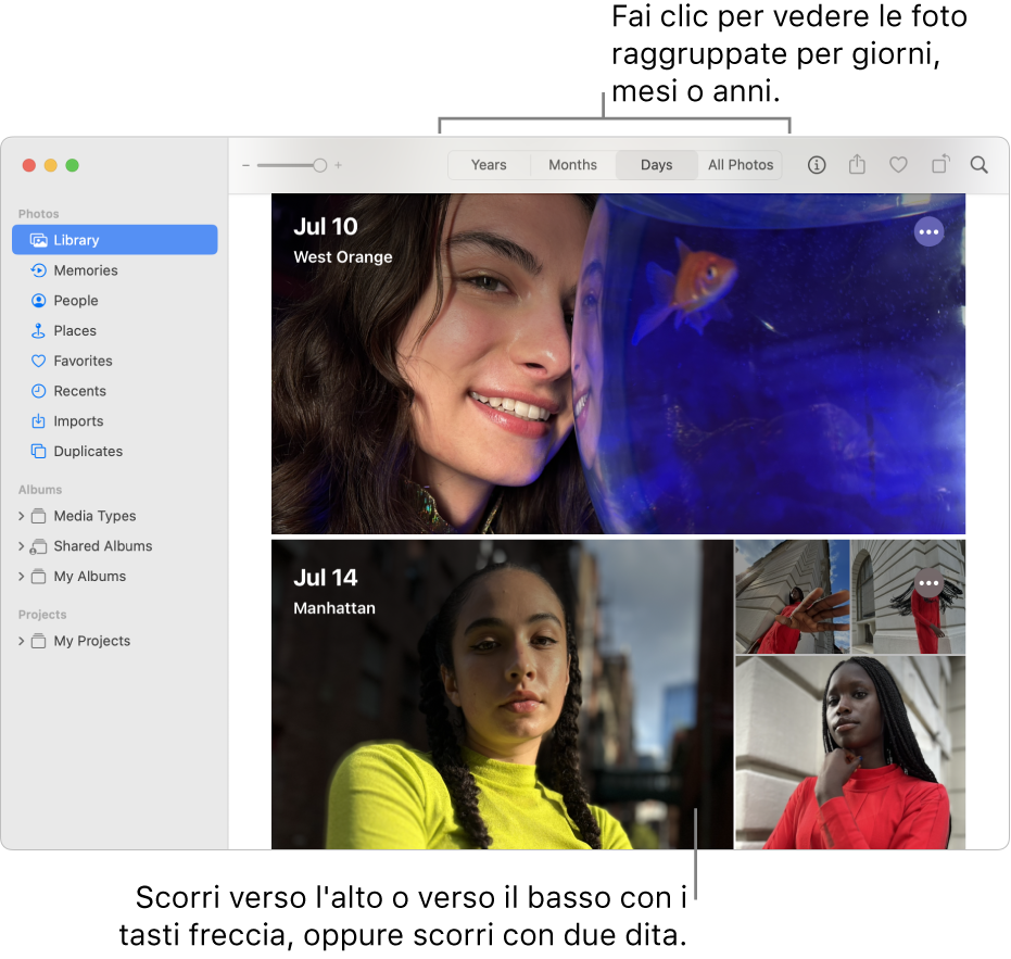 La finestra di Foto che mostra Giorni selezionato nella barra strumenti e le foto organizzate per data che vengono visualizzate nell’area principale della finestra.