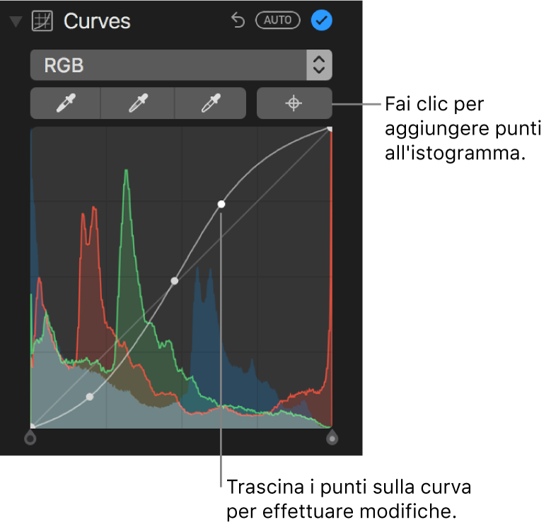 I controlli Curve nel pannello Regola, che mostrano il pulsante “Aggiungi punti” nella parte superiore destra e l’istogramma RGB al di sotto.