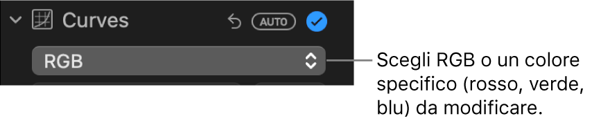 I controlli Curve nel pannello Regola con l’opzione RGB selezionata nel menu a comparsa.