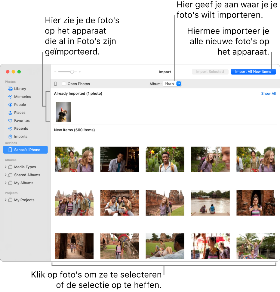 Foto's op het apparaat die je al hebt geïmporteerd, worden boven in het importeervenster weergegeven. Nieuwe foto's worden onderin weergegeven. In het midden bovenin zie je het venstermenu 'Album'. De knop 'Importeer alle nieuwe onderdelen' staat rechtsbovenin.