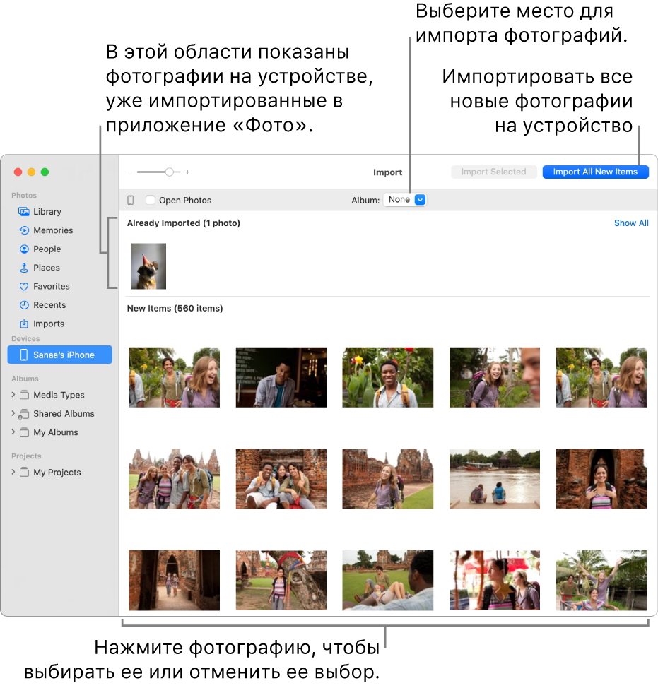 Фотографии на устройстве, которые Вы уже импортировали, отображаются в верхней части окна импорта; новые фотографии отображаются в нижней части окна. В верхней части по центру отображается всплывающее меню «Альбом». Кнопка «Импортировать все новые объекты» расположена в правом верхнем углу.