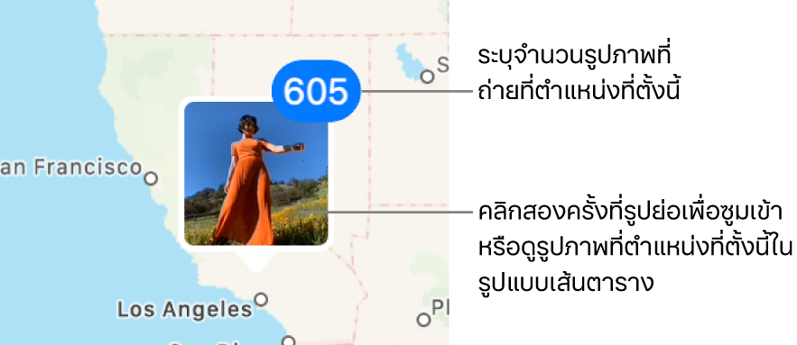 รูปย่อของรูปภาพบนแผนที่ โดยมีตัวเลขที่มุมขวาบนซึ่งระบุจำนวนของรูปภาพที่ถ่ายที่ตำแหน่งที่ตั้งนั้น