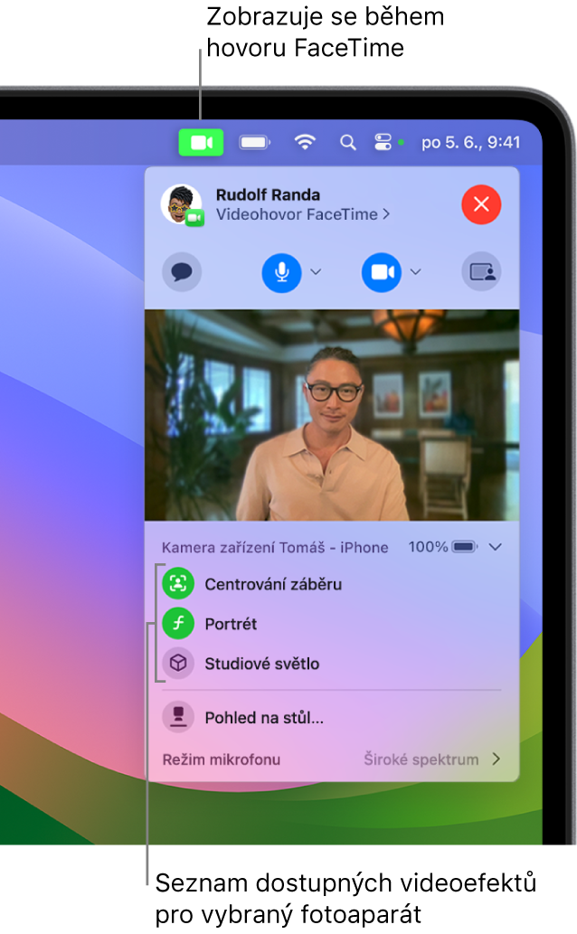 Ovládací centrum v pravém horním rohu obrazovky Macu s tlačítkem Video (které se zobrazuje na podporovaných Macích) a třemi dostupnými videoefekty