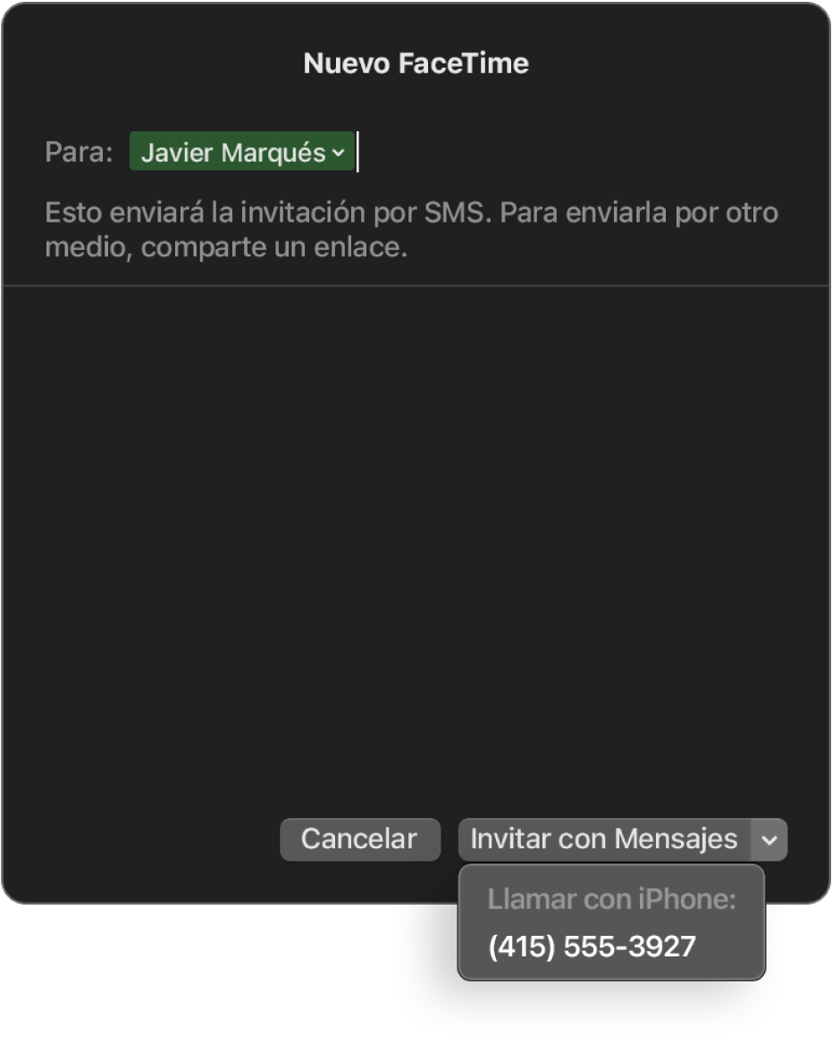 La ventana Nuevo FaceTime con el nombre de una persona en el campo Para. En la ventana emergente ubicada en el área inferior se indica que se puede invitar con Mensajes (enviar un SMS) o llamar usando el iPhone.