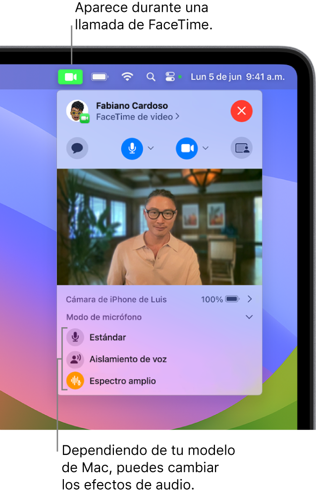 El centro de control, situado en la esquina superior derecha de la pantalla de la Mac, muestra el botón Video (que aparece cuando estás en una llamada de FaceTime) y las opciones del modo de micrófono (que cambian los efectos de audio; varían según tu Mac).