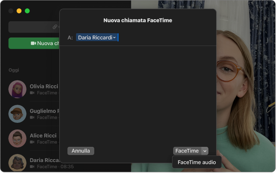 La finestra di una chiamata FaceTime, che mostra l’opzione per avviare una videochiamata FaceTime o una chiamata FaceTime audio.