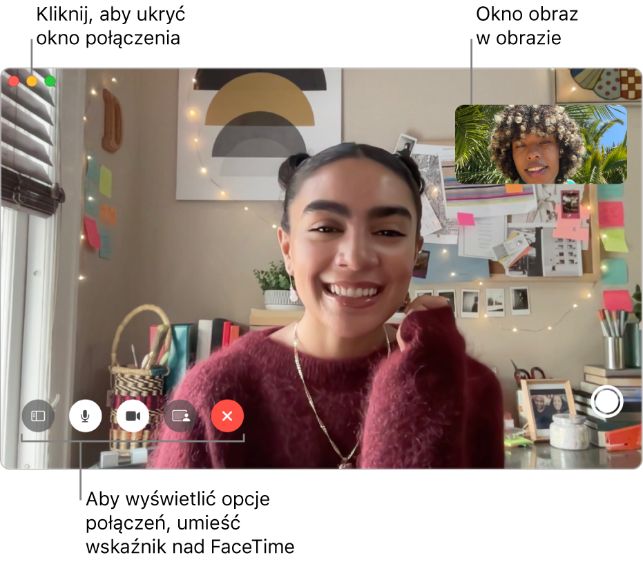 Przesuń wskaźnik nad okno FaceTime, aby wyświetlić przyciski jak Pasek boczny, Wycisz, Wycisz wideo, Udostępnij ekran, Zakończ połączenie oraz Live Photo. Aby ukryć okno połączenia, kliknij w środkowy przycisk w lewym górnym rogu. Okna obrazu w obrazie jest wyświetlane w prawym górnym rogu.
