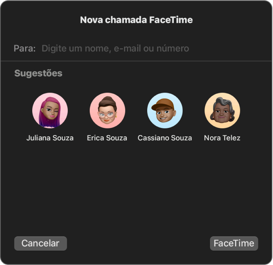 Na janela “Nova chamada FaceTime” introduza contactos diretamente no campo “Para” ou selecione pessoas em “Sugeridos”.