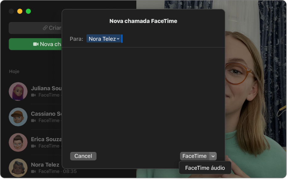 Uma janela de “Nova chamada FaceTime” a mostrar a opção para iniciar uma chamada FaceTime vídeo ou FaceTime áudio.