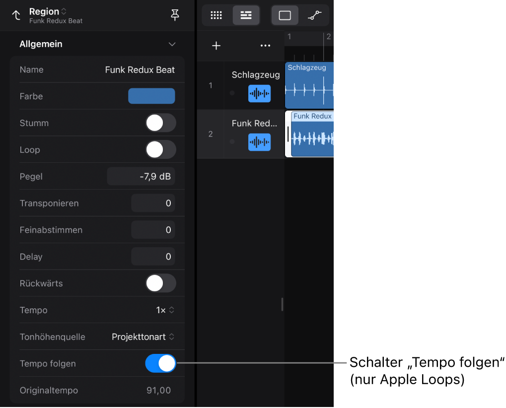 Abbildung. Das Informationsfenster „Region“ zeigt den Schalter „Tempo folgen“ für Apple Loops für Audio.