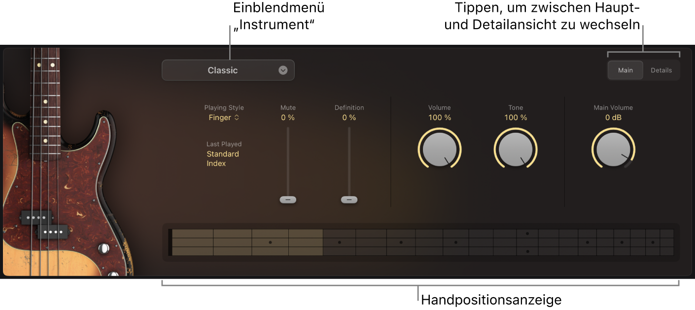 Abbildung. Die Hauptansicht von Studio Bass mit Beschriftungen für das Einblendmenü „Instrument“, die Anzeige für die Handposition und den Schalter „Main/Details“.