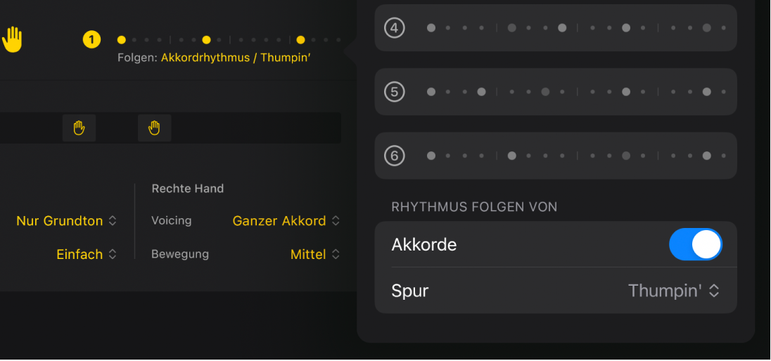 Abbildung. Abscnnitt „Follow Rhythm Of“ im Menü „Patterns“ im Session Player-Editor