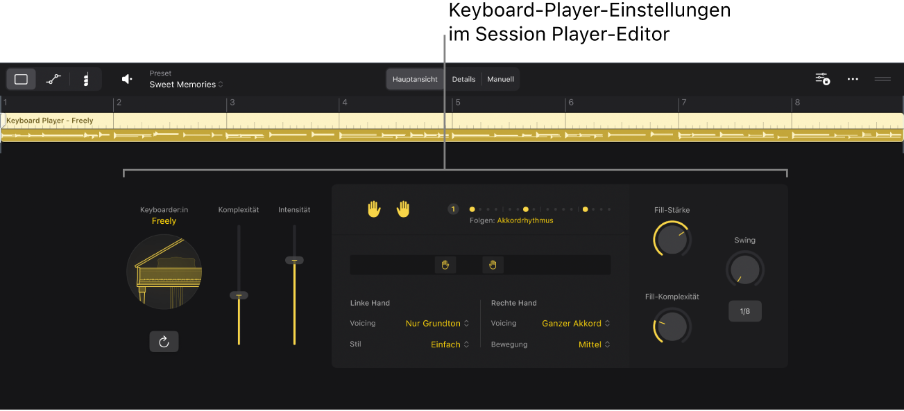 Abbildung. Der Session Player-Editor mit dem Session Player „Bass“.