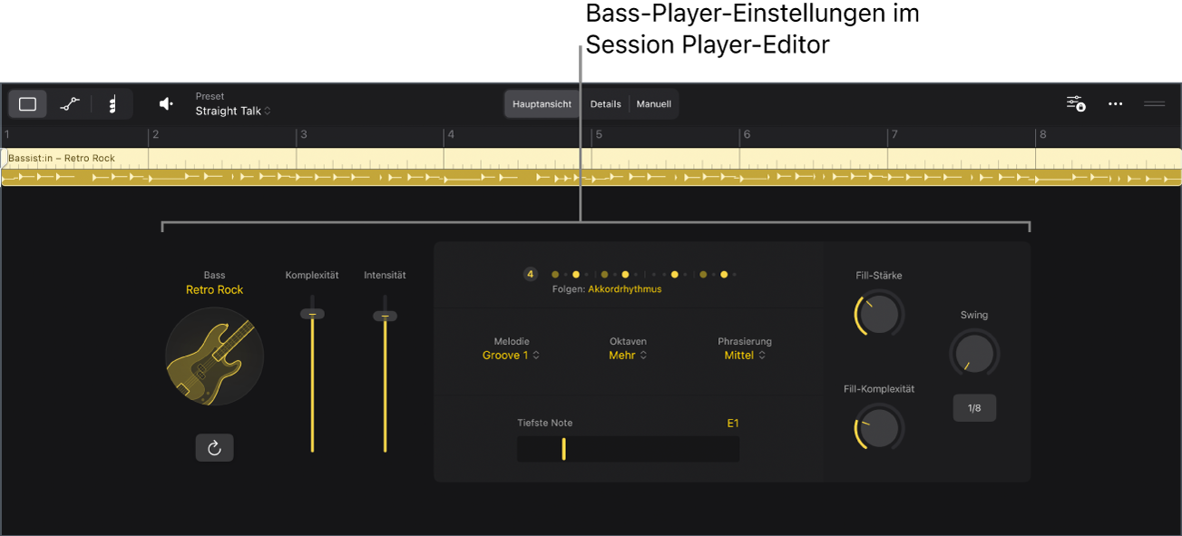 Abbildung. Der Session Player-Editor mit den Bass-Einstellungen.