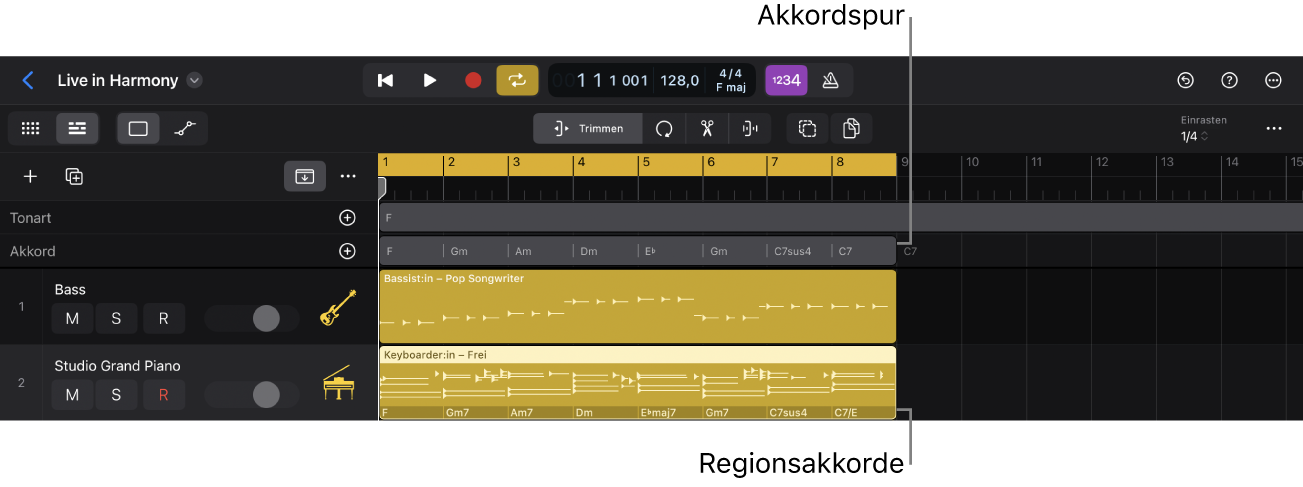 Abbildung. Logic Pro-Spuren zeigen die Akkordspur mit Akkorden und Akkordgruppen und Session Player-Regionen mit Regionsakkorden.