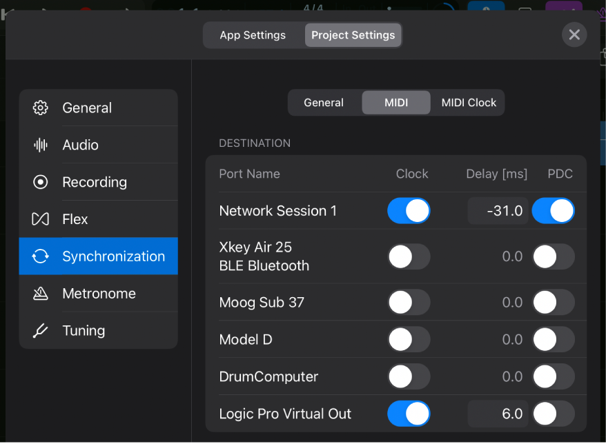 MIDI Synchronization project settings.