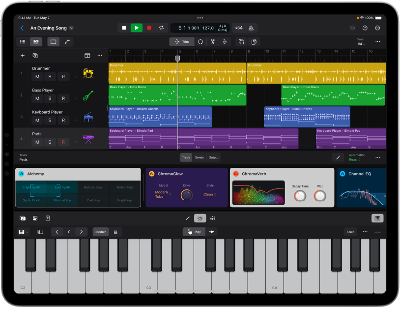 Logic Pro project playing, with Plug-ins area, Fader, and Play Surface open.