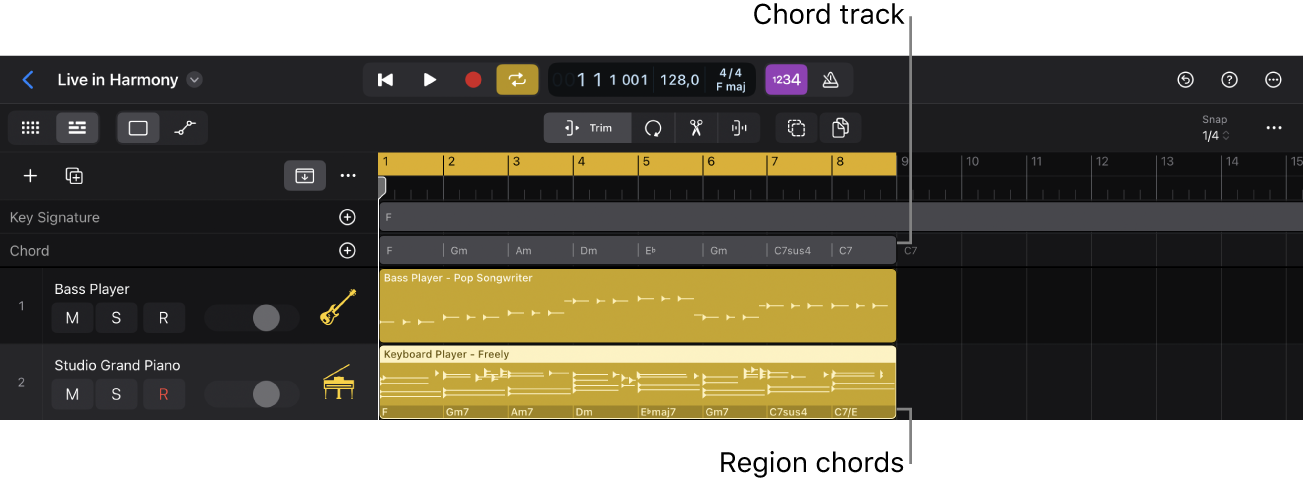 Figure. Logic Pro Tracks area showing Chord track with chords and chord groups, and Session Player region with region chords.