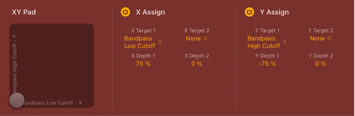 Figure. Phat FX XY Pad, X Assign, and Y Assign parameter sections.