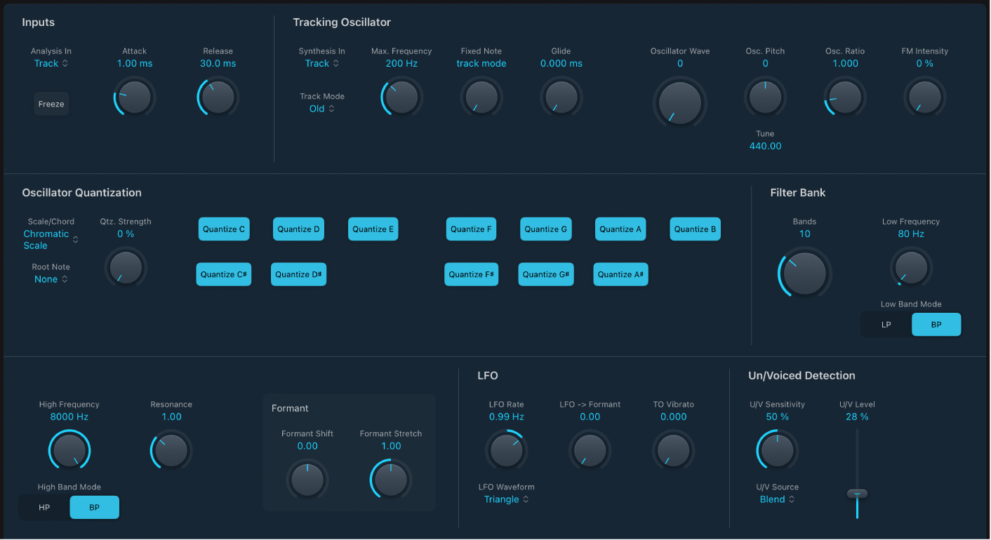 Figure. EVOC 20 TrackOscillator window, showing main interface areas.