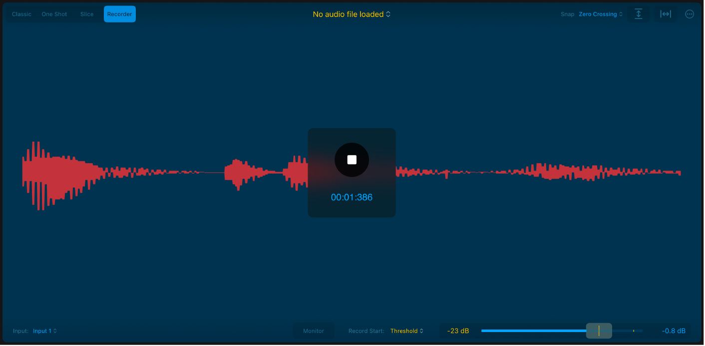 Figure. Quick Sampler Recorder mode waveform display, showing all related parameters.