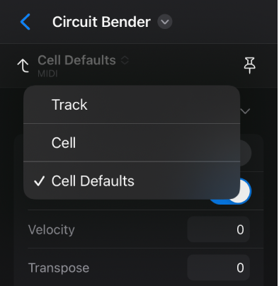 Figure. Inspector level pop-up menu in the Cell inspector.