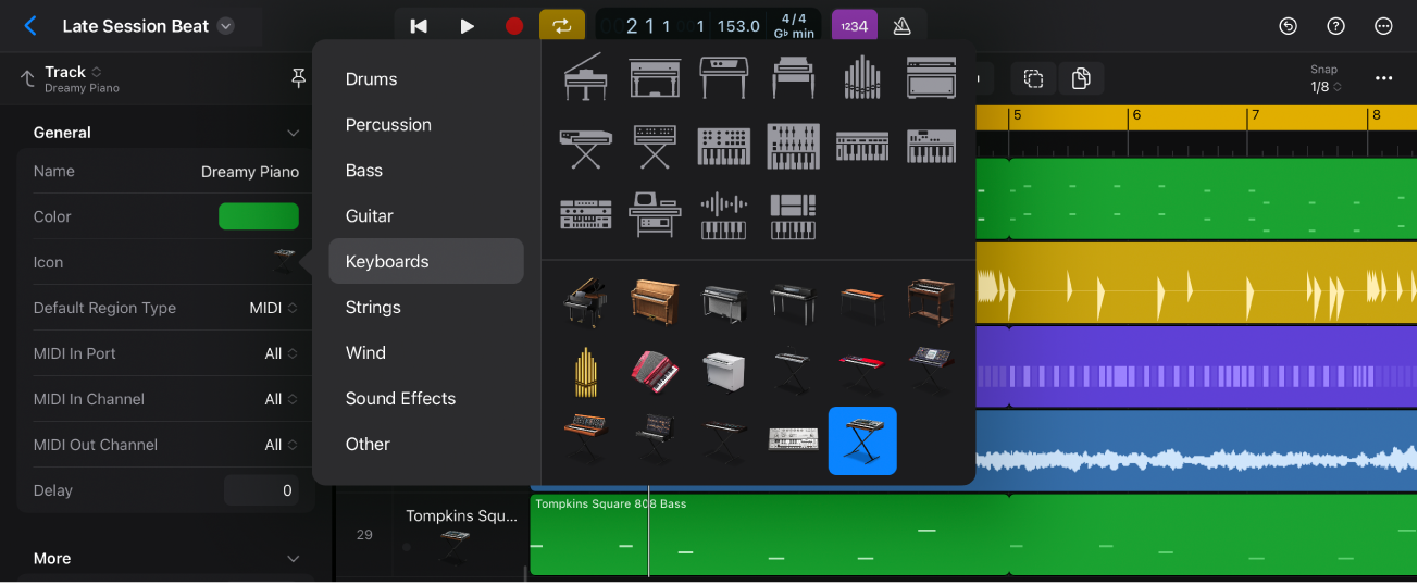 Figure. Inspector open showing track icon menu with selected track in the Tracks area.