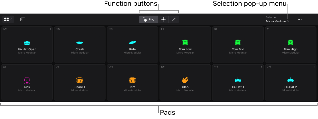 The Drum Machine Designer Play Surface, showing the function button, Selection pop-up menu, and pads.