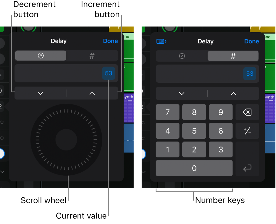 Figure. numeric input dialog showing title, current value, Decrement and Increment buttons, scroll wheel, and number keys.