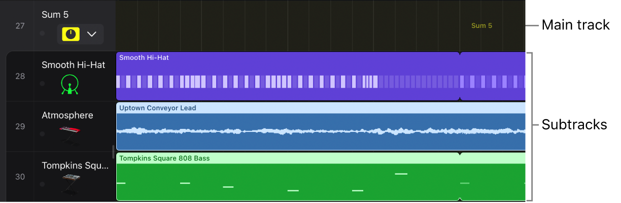 Figure. Folder stack open showing main track and subtracks.