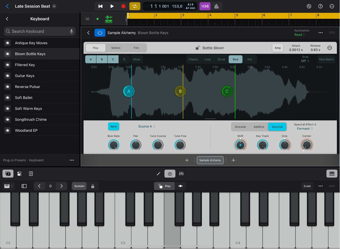 Figure. Logic Pro for iPad showing Presets view in the Browser.