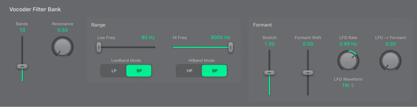 Figure. EVOC 20 PS Formant Filter parameters, showing LFO modulators.